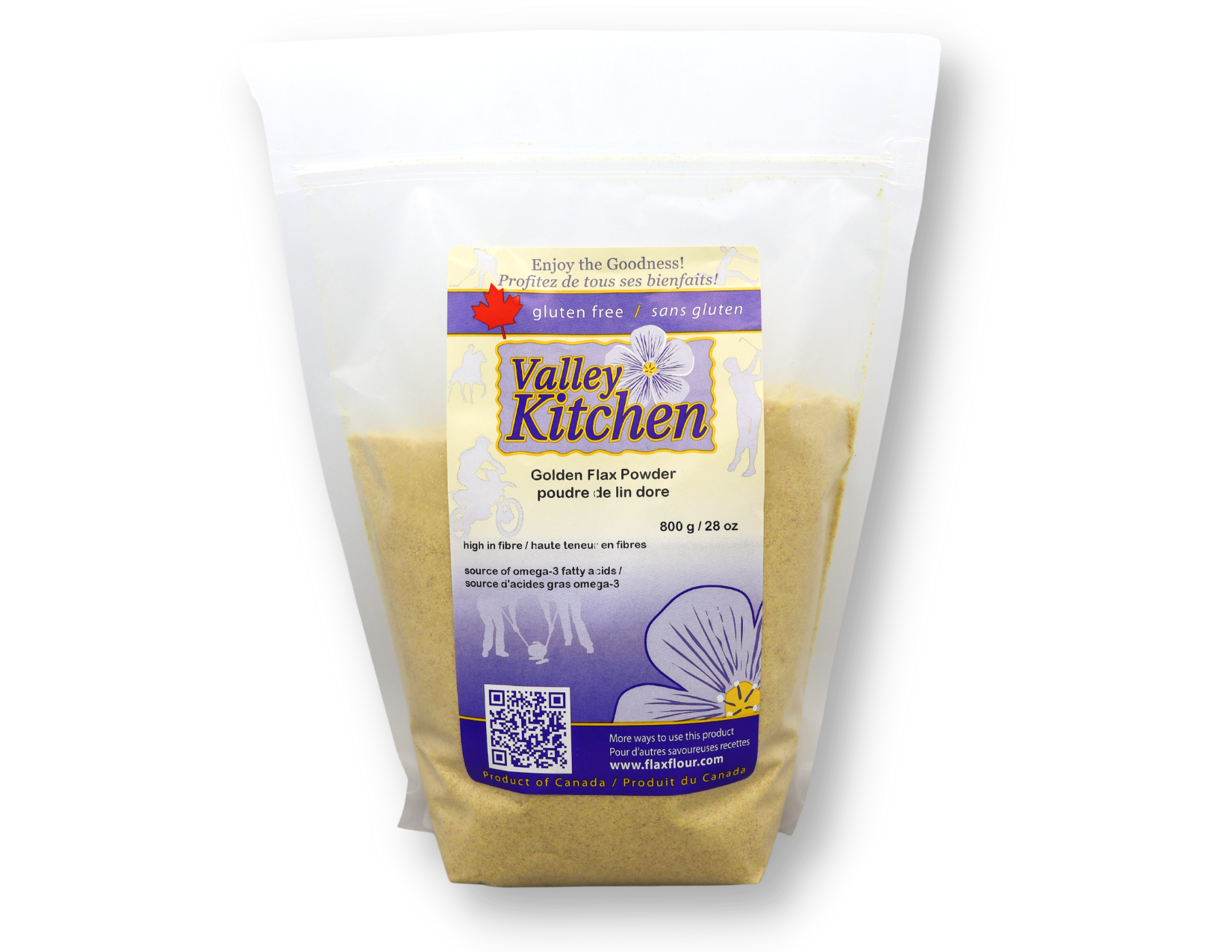 Canadian Fine Milled Organic Golden Flaxseed. Flaxseed Powder. 800g. Fibre. Protein. Omega-3. non-GMO. Gluten-Free. Nova Scotia Canada.